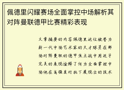 佩德里闪耀赛场全面掌控中场解析其对阵曼联德甲比赛精彩表现