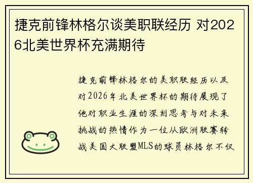 捷克前锋林格尔谈美职联经历 对2026北美世界杯充满期待 捷克前锋林格尔谈美职联经历 对2026北美世界杯充满期待